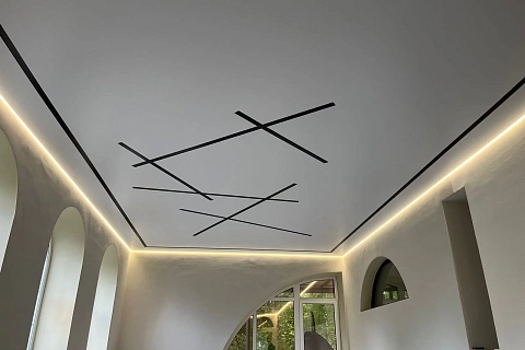 Потолок с со световыми линиями и черным рассеивателем